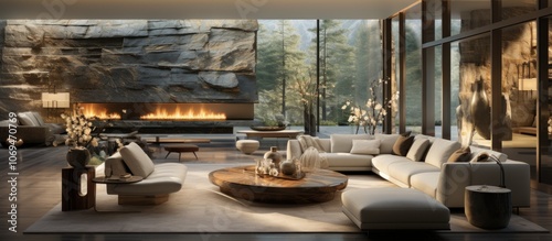 Modern living room with fireplace and large windows overlooking forest.