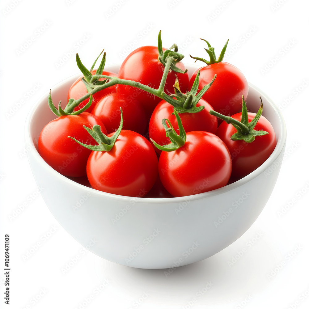 A bowl of fresh cherry tomatoes, isolated on a white background, highlighting a juicy vegetable snack A bowl of fresh cherry tomatoes, isolated on a white background, highlighting a juicy vegetable snack