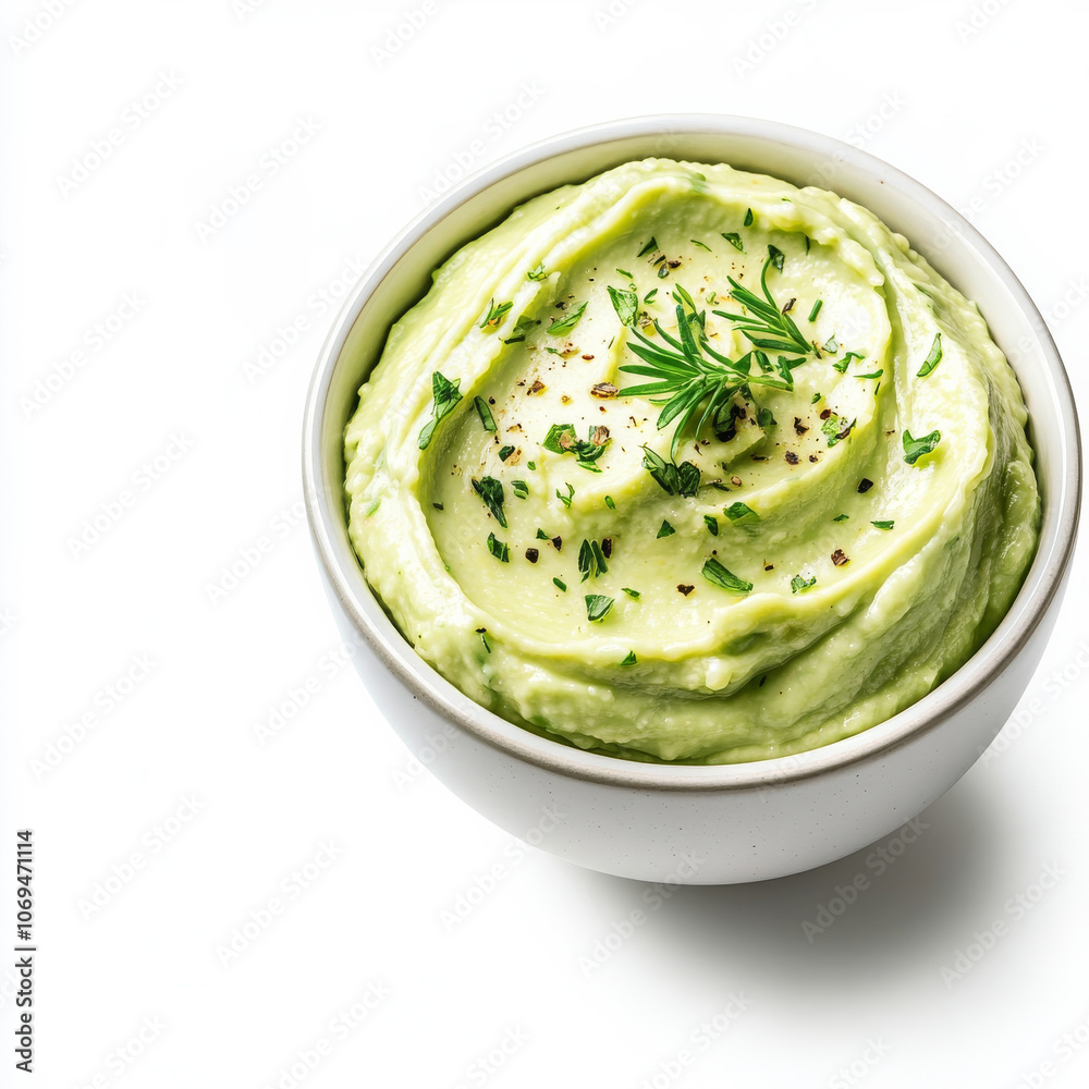 A bowl of creamy guacamole with a sprinkle of herbs, isolated on a white background, highlighting a popular avocado dip A bowl of creamy guacamole with a sprinkle of herbs, isolated on a white background, highlighting a popular avocado dip