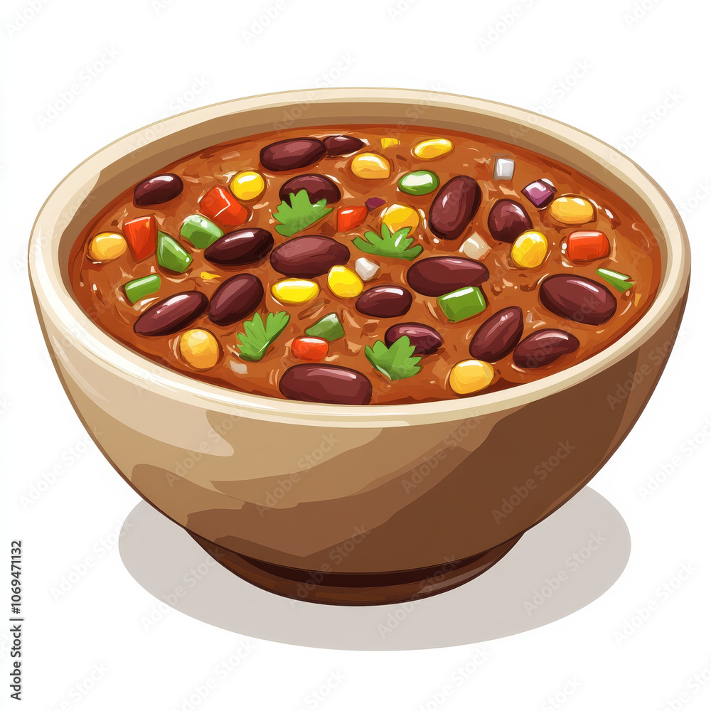 A bowl of spicy chili with beans, isolated on a white background, highlighting a hearty dish A bowl of spicy chili with beans, isolated on a white background, highlighting a hearty dish