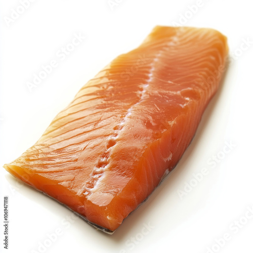 A single slice of smoked salmon, isolated on a white background, highlighting a rich and flavorful fish photo