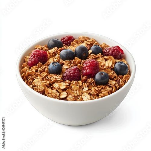 A bowl of granola with mixed berries, isolated on a white background, emphasizing a nutritious breakfast option