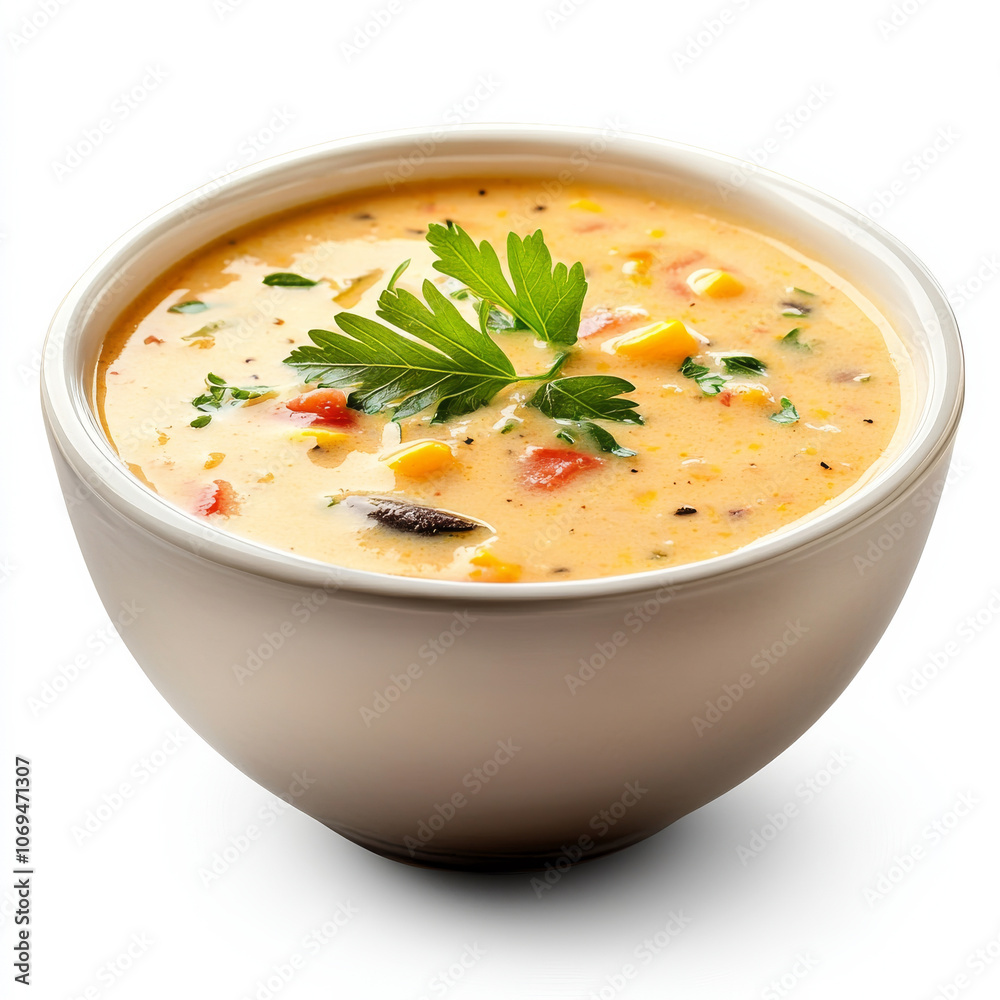 A bowl of creamy corn chowder, isolated on a white background, showcasing a warm and comforting soup A bowl of creamy corn chowder, isolated on a white background, showcasing a warm and comforting soup