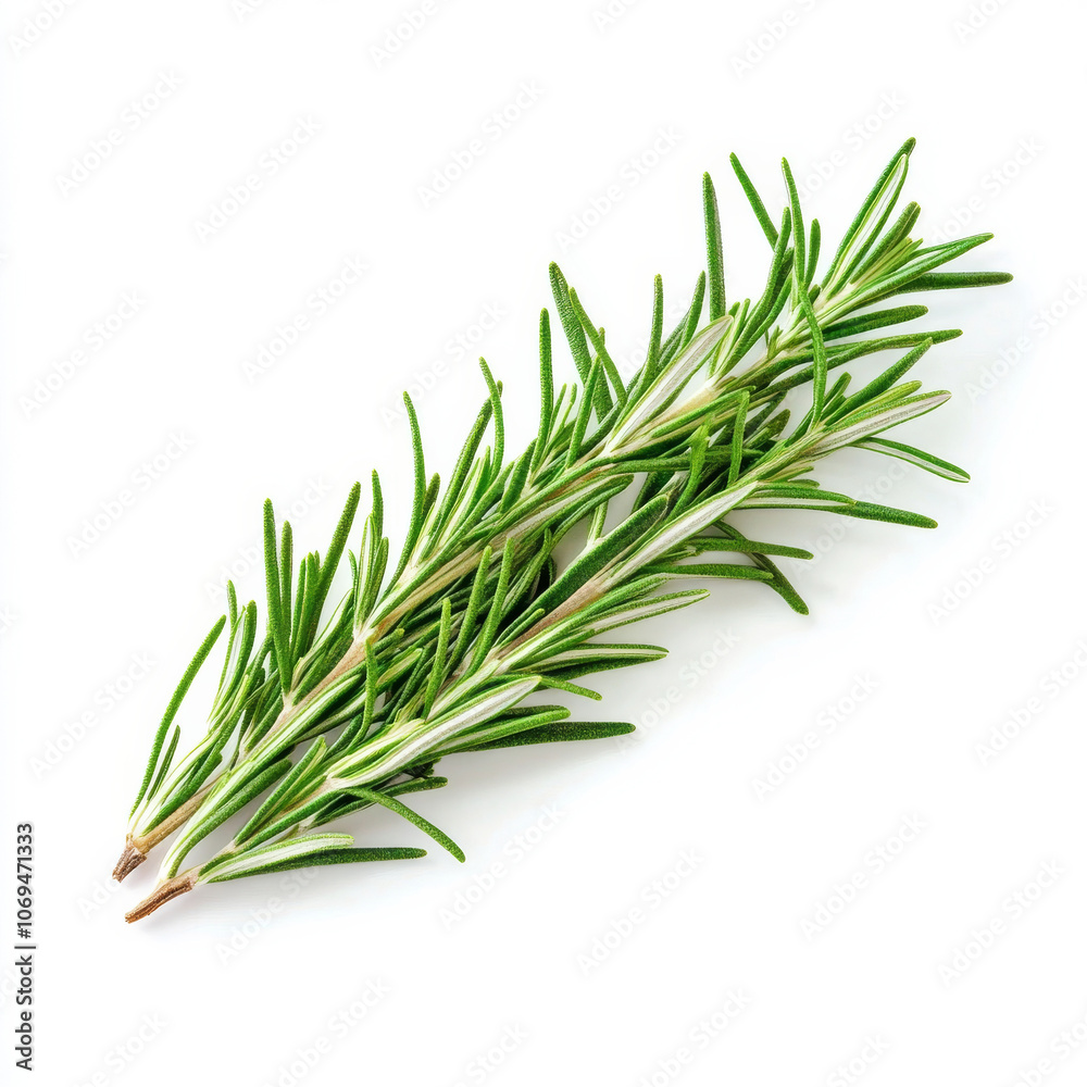Fototapeta premium A single sprig of rosemary, isolated on a white background, highlighting a fragrant herb often used in cooking