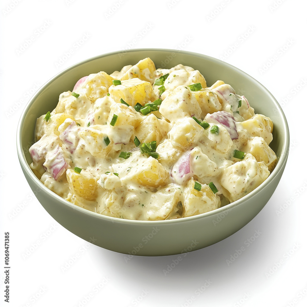 A bowl of creamy potato salad, isolated on a white background, showcasing a classic picnic side dish A bowl of creamy potato salad, isolated on a white background, showcasing a classic picnic side dish