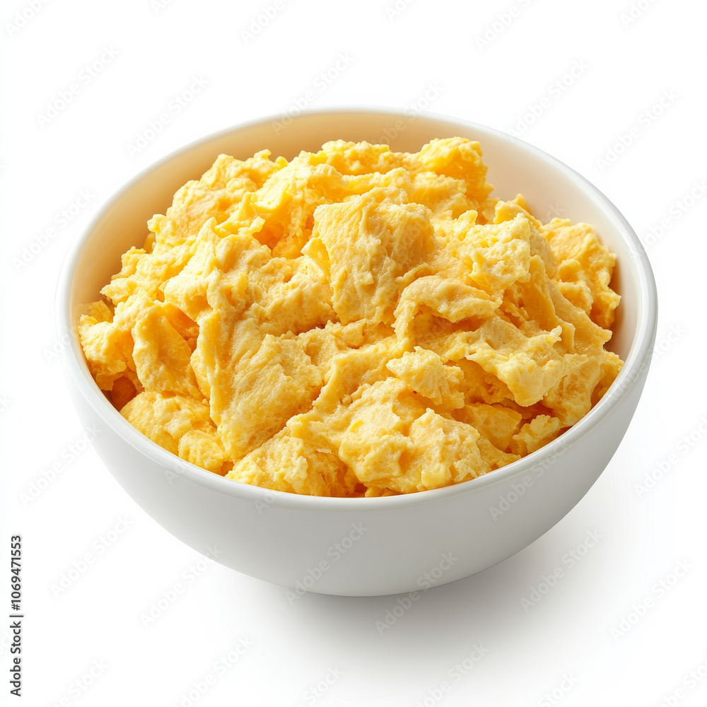 A bowl of fluffy scrambled eggs, isolated on a white background, showcasing a breakfast favorite A bowl of fluffy scrambled eggs, isolated on a white background, showcasing a breakfast favorite