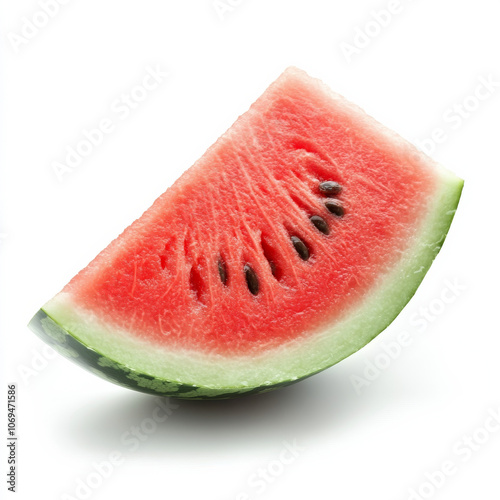 A single slice of watermelon, isolated on a white background, highlighting a juicy and refreshing fruit