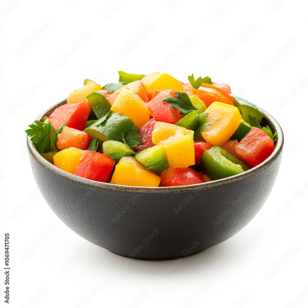 A bowl of colorful bell peppers, isolated on a white background, emphasizing a variety of fresh vegetables A bowl of colorful bell peppers, isolated on a white background, emphasizing a variety of fresh vegetables