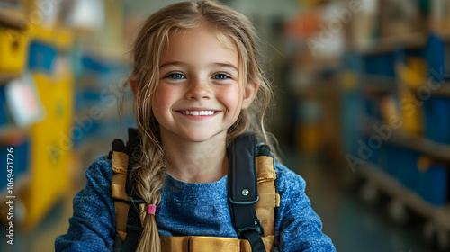 Wallpaper Mural Smiling Little Girl with Backpack - Realistic Image Torontodigital.ca