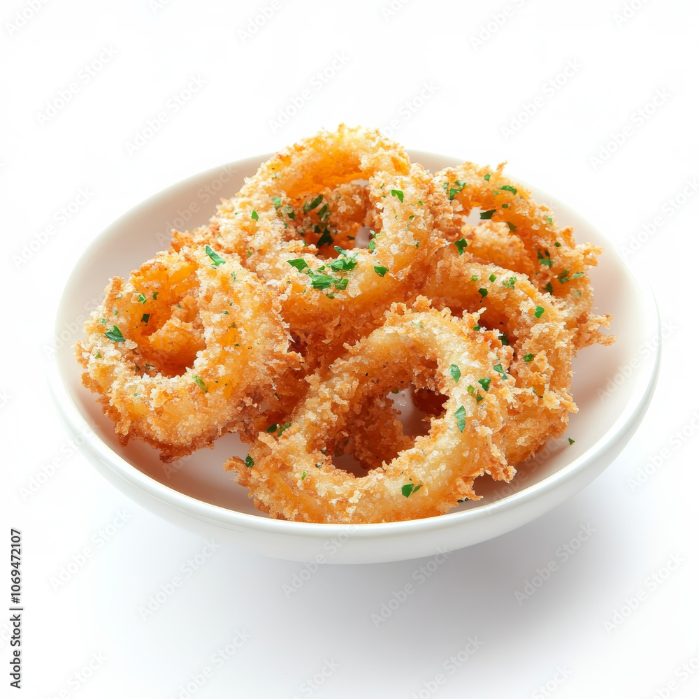 A plate of crispy onion rings, isolated on a white background, highlighting a popular fried snack