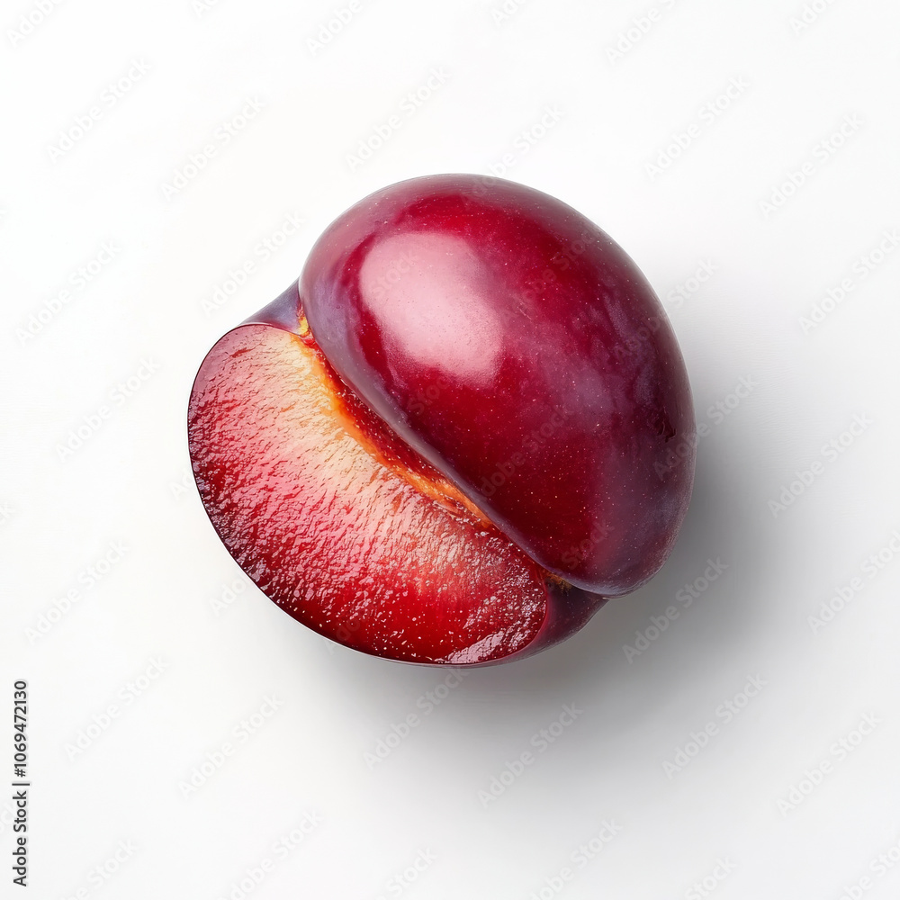 A single juicy plum with a slice, isolated on a white background, emphasizing a rich and flavorful fruit A single juicy plum with a slice, isolated on a white background, emphasizing a rich and flavorful fruit
