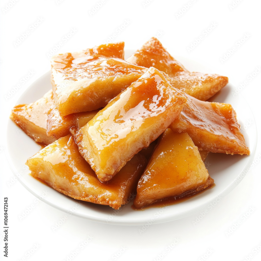 A plate of caramelized apple pie slices, isolated on a white background, showcasing a classic dessert with a sweet and buttery crust A plate of caramelized apple pie slices, isolated on a white background, showcasing a classic dessert with a sweet and buttery crust