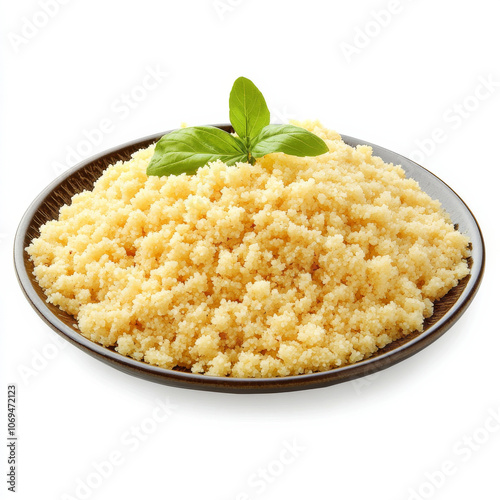 A plate of fluffy couscous, isolated on a white background, showcasing a North African grain dish