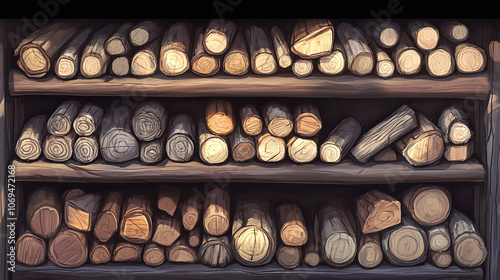 Natural Elegance: A Detailed Depiction of a Firewood Rack Featuring Various Sizes and Shapes of Logs