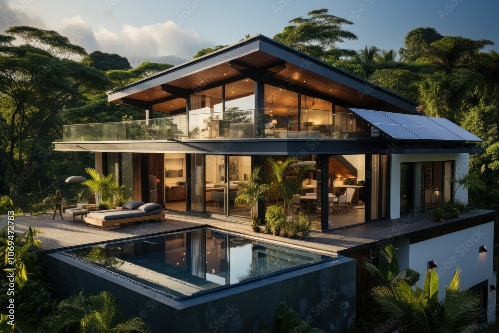 Modern luxury villa with infinity pool overlooking lush green tropical forest. Modern luxury villa with infinity pool overlooking lush green tropical forest.
