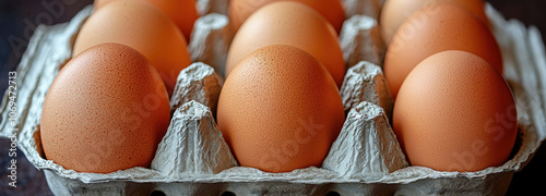 Fresh brown eggs in a carton lined up neatly on a kitchen counter photo