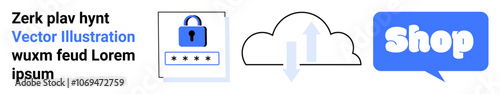 Lock with cloud upload and speech bubble saying Shop. Ideal for internet security, cloud computing, e-commerce, digital marketing, tech solutions. Banner landing page