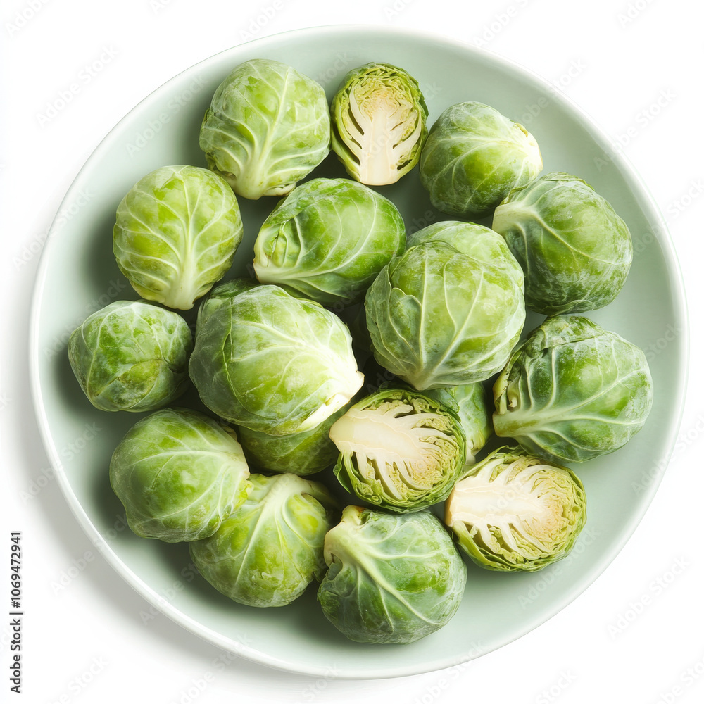 A plate of roasted Brussels sprouts, isolated on a white background, emphasizing a nutritious vegetable side A plate of roasted Brussels sprouts, isolated on a white background, emphasizing a nutritious vegetable side
