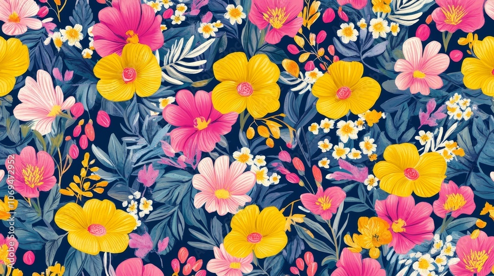 Vibrant tropical floral seamless pattern in pink and yellow on navy for trendy summer dresses Vibrant tropical floral seamless pattern in pink and yellow on navy for trendy summer dresses