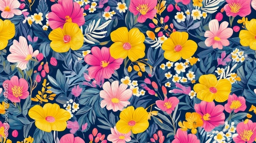 Wallpaper Mural Vibrant tropical floral seamless pattern in pink and yellow on navy for trendy summer dresses Torontodigital.ca