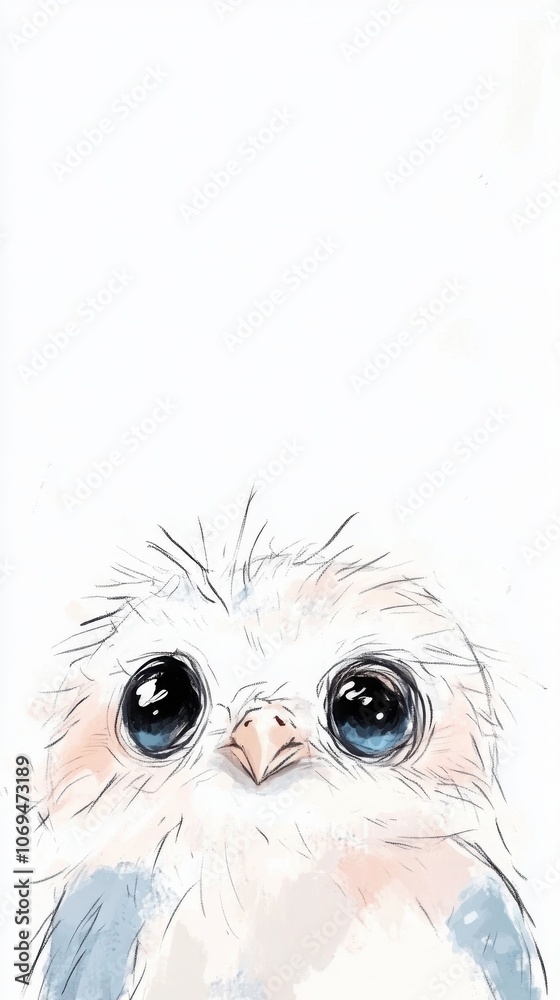 Cute cartoon bird with large expressive eyes, white isolated background. Cute cartoon bird with large expressive eyes, white isolated background.