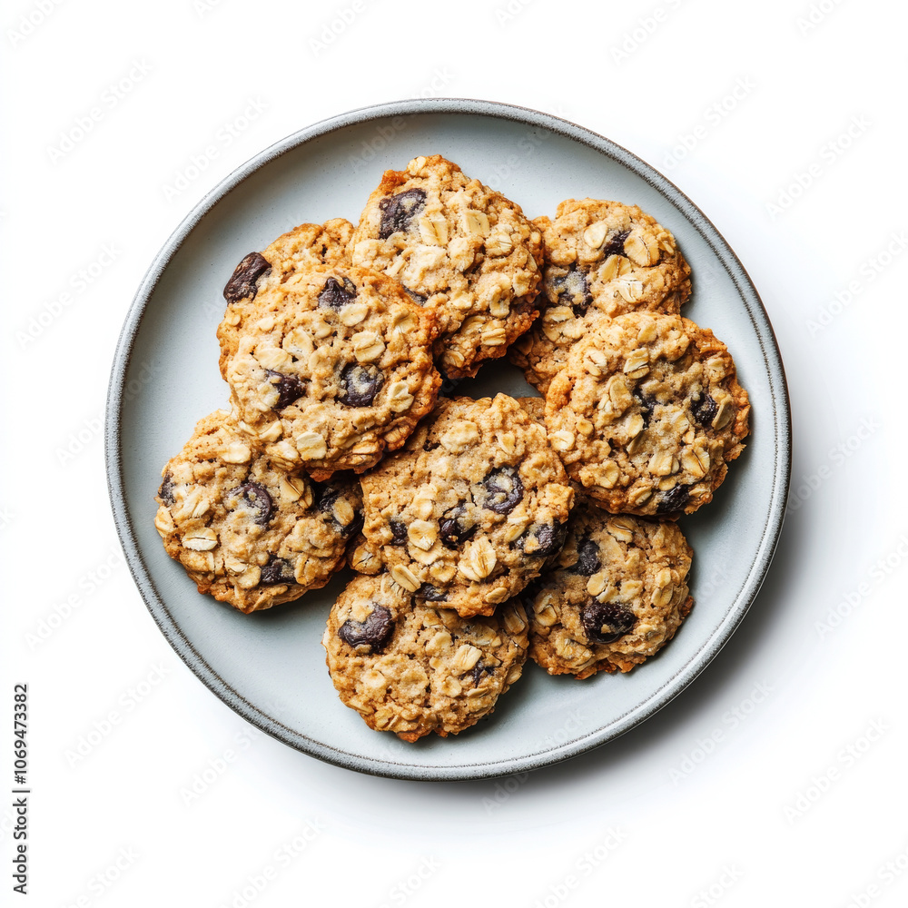 A plate of soft oatmeal cookies, isolated on a white background, emphasizing a homemade treat A plate of soft oatmeal cookies, isolated on a white background, emphasizing a homemade treat