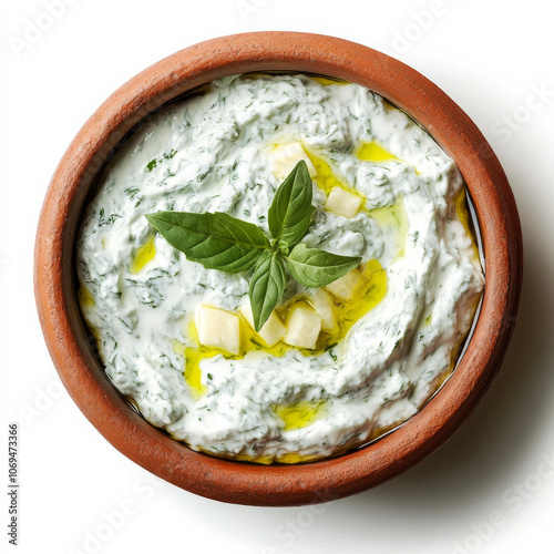 A bowl of Greek tzatziki sauce, isolated on a white background, showcasing a traditional yogurt dip