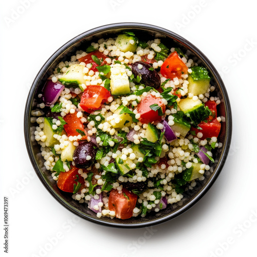 A bowl of Mediterranean couscous salad, isolated on a white background, showcasing a vibrant side dish