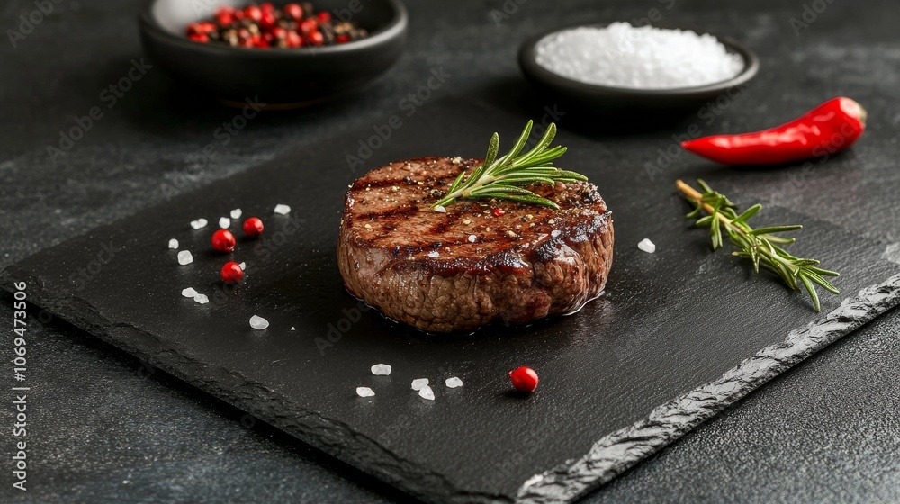 Grilled steak with rosemary and seasoning on a slate board Grilled steak with rosemary and seasoning on a slate board