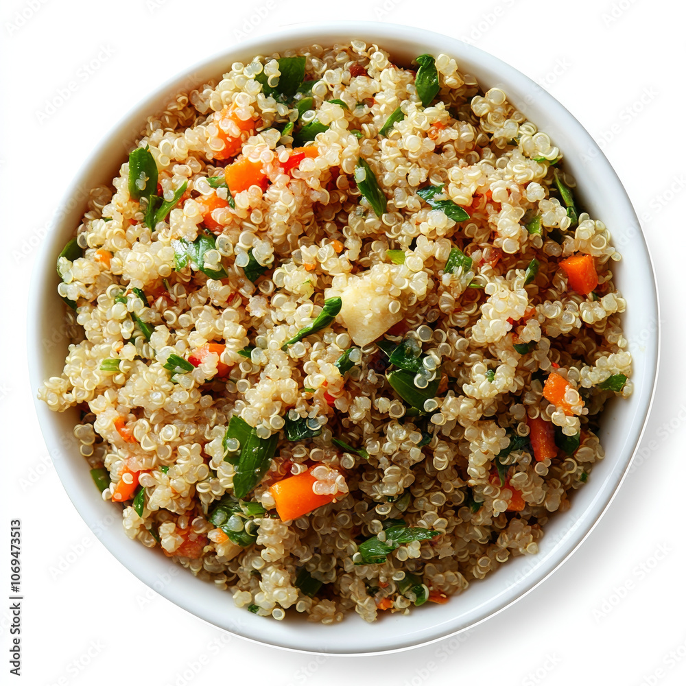 A bowl of warm quinoa salad, isolated on a white background, highlighting a nutritious grain-based dish A bowl of warm quinoa salad, isolated on a white background, highlighting a nutritious grain-based dish