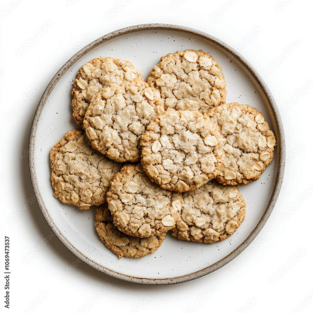 A plate of soft oatmeal cookies, isolated on a white background, emphasizing a homemade treat A plate of soft oatmeal cookies, isolated on a white background, emphasizing a homemade treat