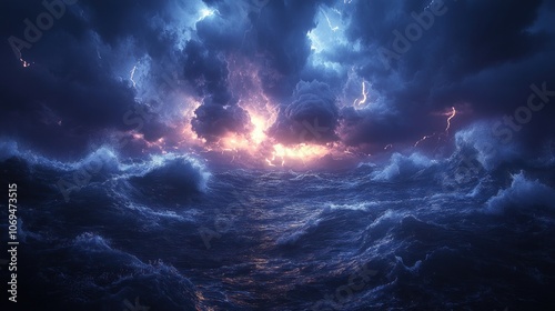 A dramatic stormy seascape with lightning strikes illuminating the dark clouds above the turbulent waves.