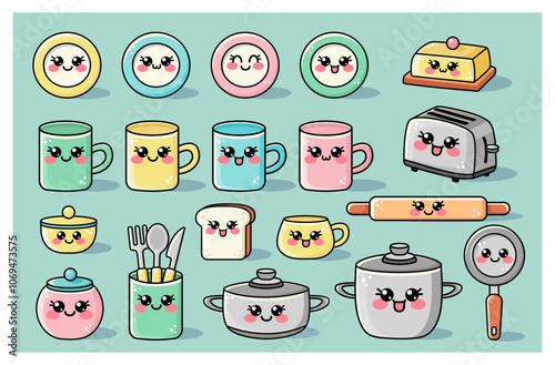 Vector illustration set of cute kawaii kitchen appliances. Happy fun joy face kawaii kitchen utensils. Collection character kitchenware icons. Kid, baby, children cartoon graphic design