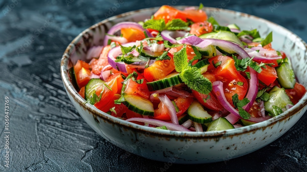 Delicious Shirazi salad with fresh lemon juice in a white bowl on a ceramic table with copy space