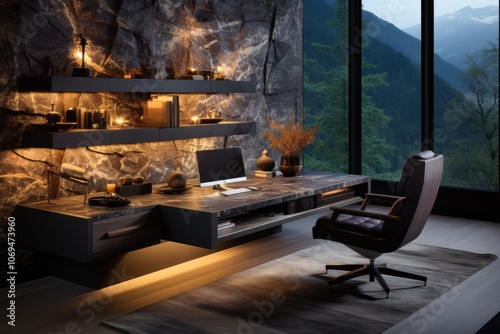 Wallpaper Mural Modern home office with a large window overlooking a mountain view. The desk has a floating design, with a built-in computer monitor, and is surrounded by a stone wall with built-in shelves. Torontodigital.ca