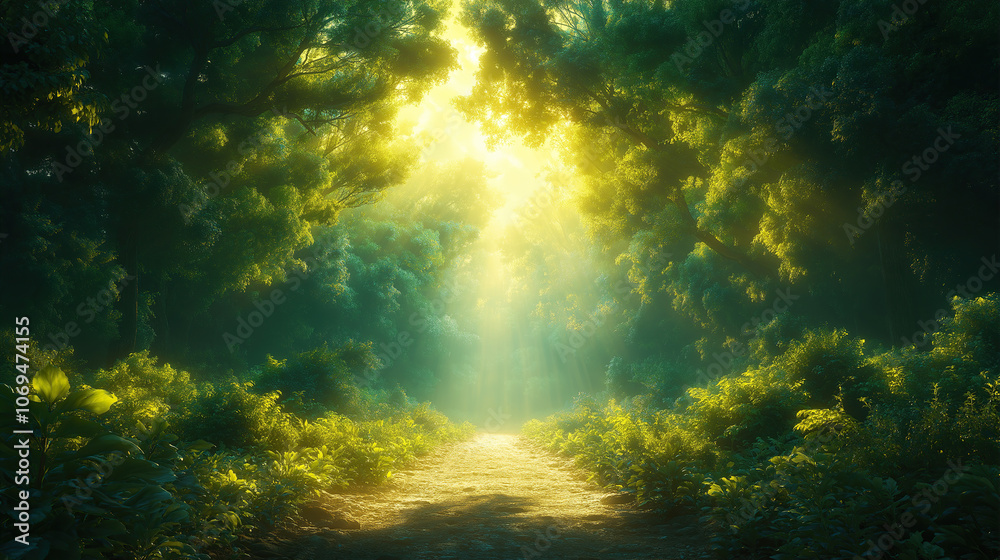 A path leading through an enchanted forest, bathed in the soft glow of sunlight filtering through the lush green foliage A path leading through an enchanted forest, bathed in the soft glow of sunlight filtering through the lush green foliage
