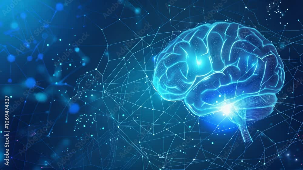 A brain is shown in a blue background with a lot of dots. The brain is surrounded by a web of lines, which gives the impression of a complex network. Concept of the brain being a complex