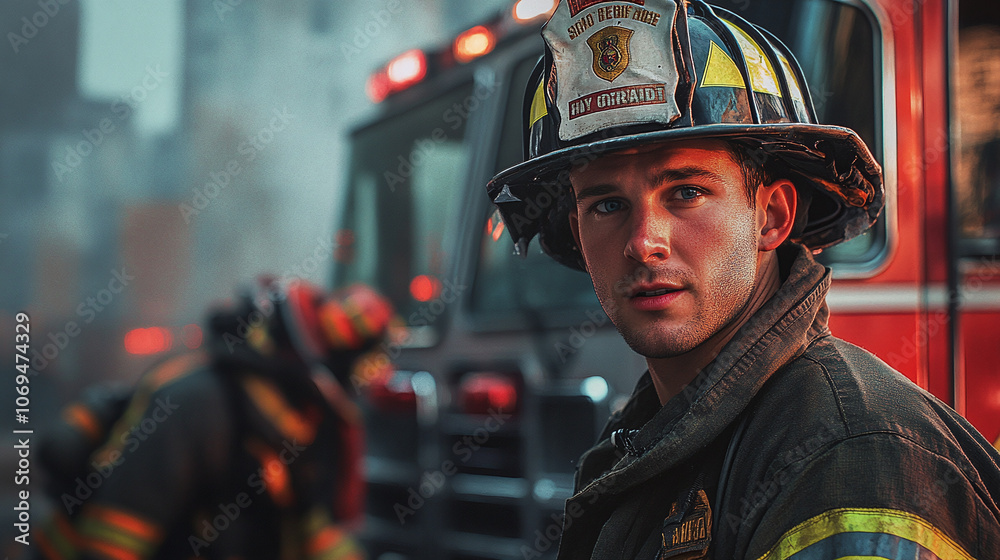 A Dedicated Firefighter in Uniform: Ready for Action in Front of a Fire Truck with Gear and Tools