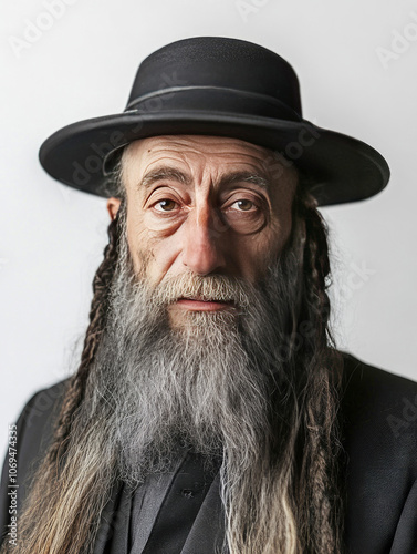 Senior rabbi with a long grey beard and sidelocks photo