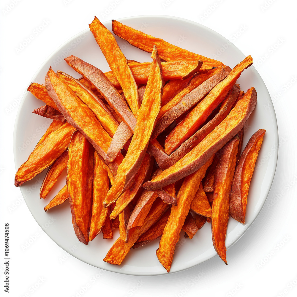 A plate of sweet potato fries, isolated on a white background, highlighting a healthier fry option A plate of sweet potato fries, isolated on a white background, highlighting a healthier fry option
