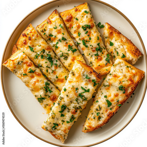 A plate of cheesy garlic bread, isolated on a white background, highlighting a savory side photo