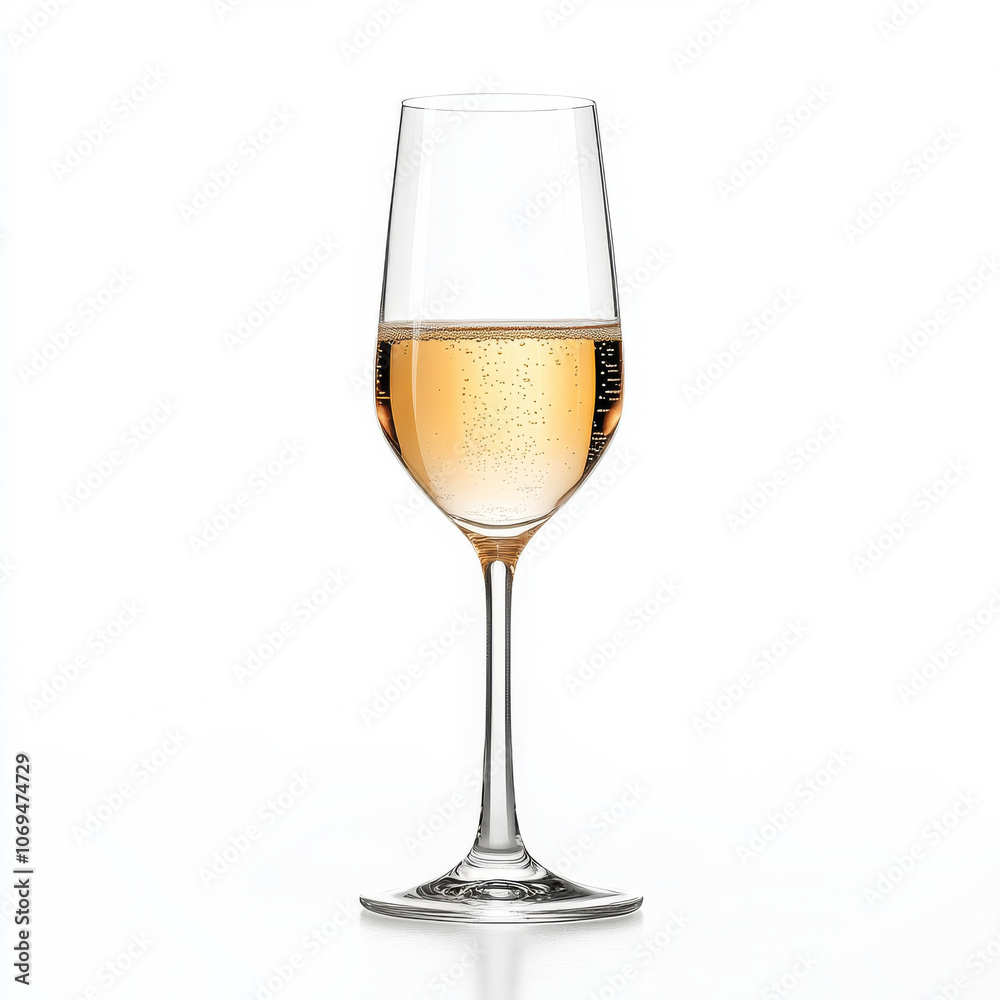 A glass of bubbly champagne, isolated on a white background, emphasizing a celebratory drink