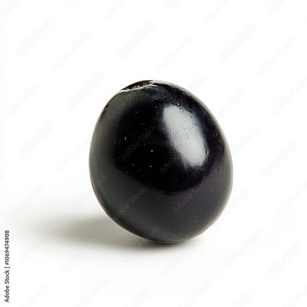 A single black olive, isolated on a white background, highlighting a salty snack