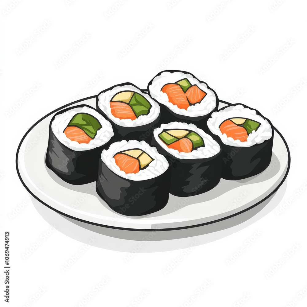 A plate of sushi rolls with rice and seaweed, isolated on a white background, emphasizing a traditional Japanese dish A plate of sushi rolls with rice and seaweed, isolated on a white background, emphasizing a traditional Japanese dish