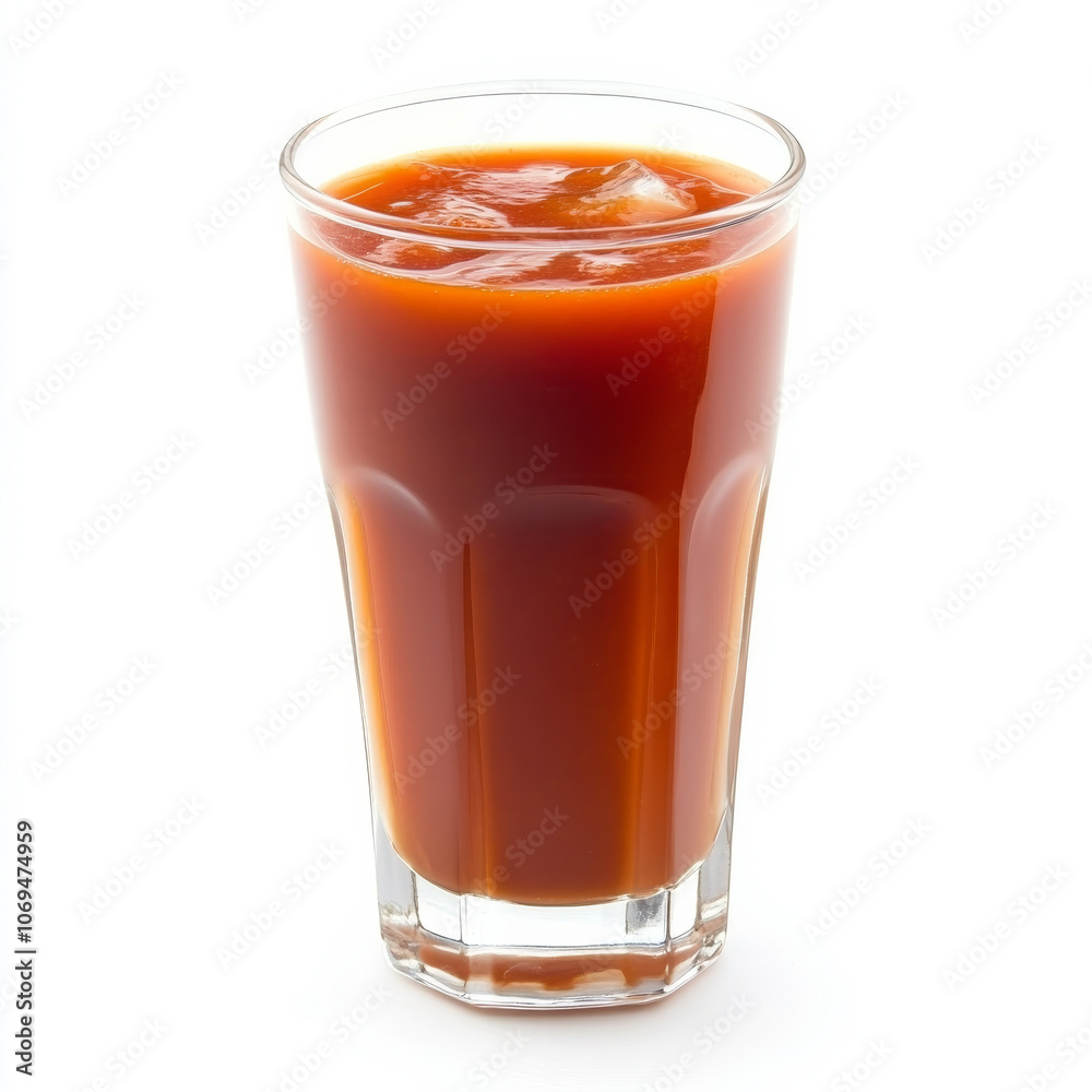A glass of spicy tomato juice, isolated on a white background, showcasing a bold and zesty drink A glass of spicy tomato juice, isolated on a white background, showcasing a bold and zesty drink