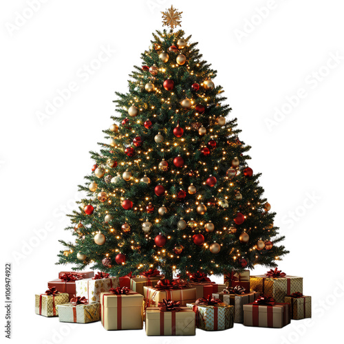 Christmas Tree Decorated with Ornaments and Lights, Surrounded by Wrapped Gifts