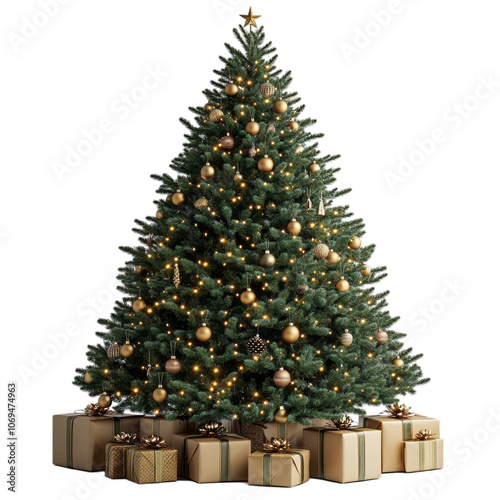 Festive Christmas Tree Decorated with Golden Ornaments and Lights