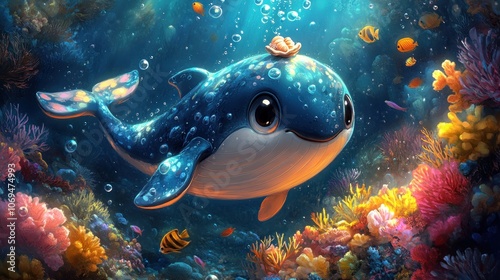 Fototapeta Naklejka Na Ścianę i Meble -  A cute cartoon whale swims through a vibrant coral reef with a seashell on its head.