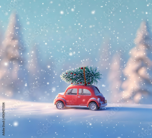 Red car with a Christmas tree on top, driving through a snowy landscape.