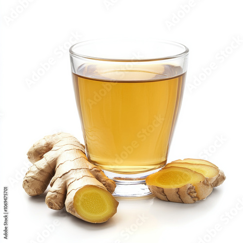 A glass of spicy ginger tea, isolated on a white background, emphasizing a soothing and flavorful drink photo